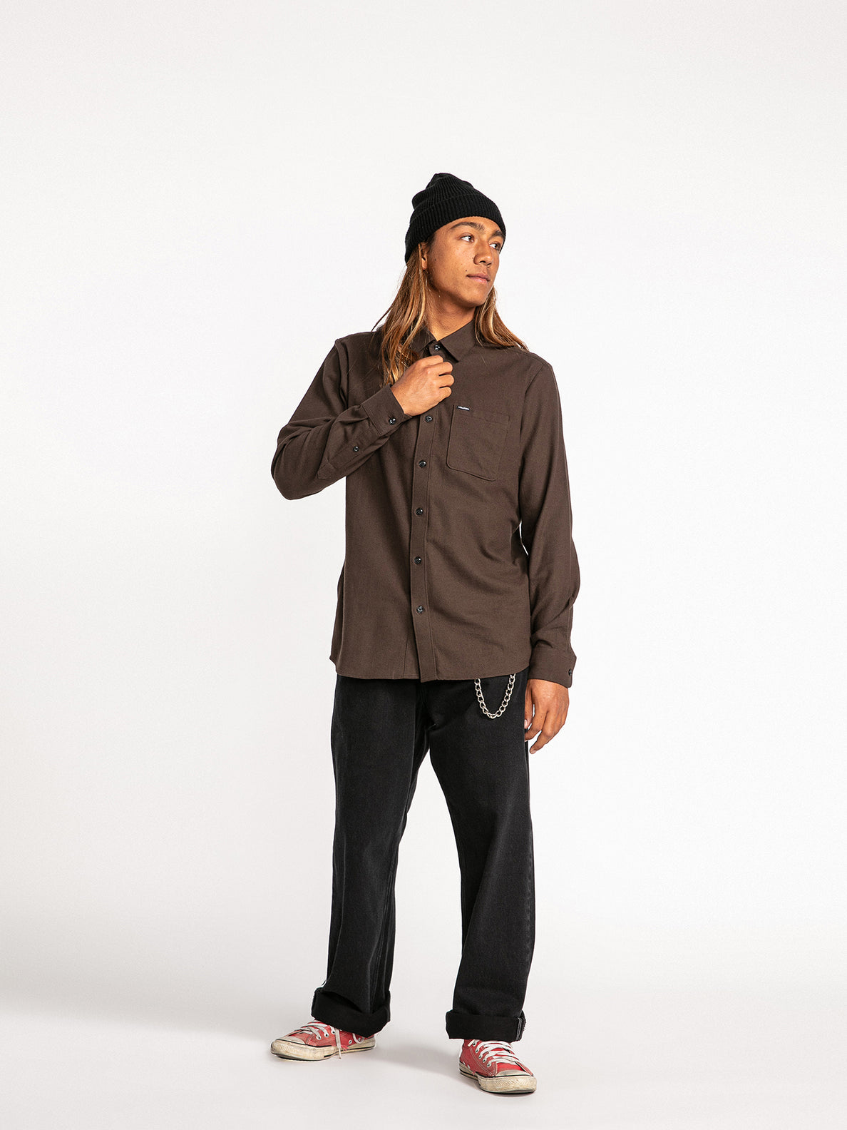 Caden Solid Long Sleeve Shirt - Dark Brown (A0532204_DBR) [B]